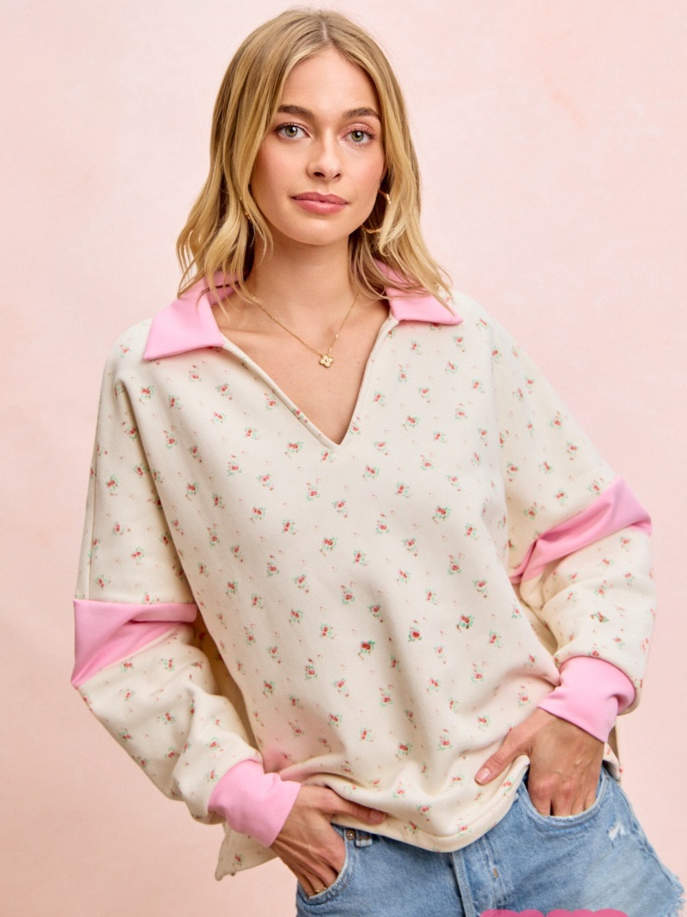BiBi Cream Floral Pullover with Pink Trim